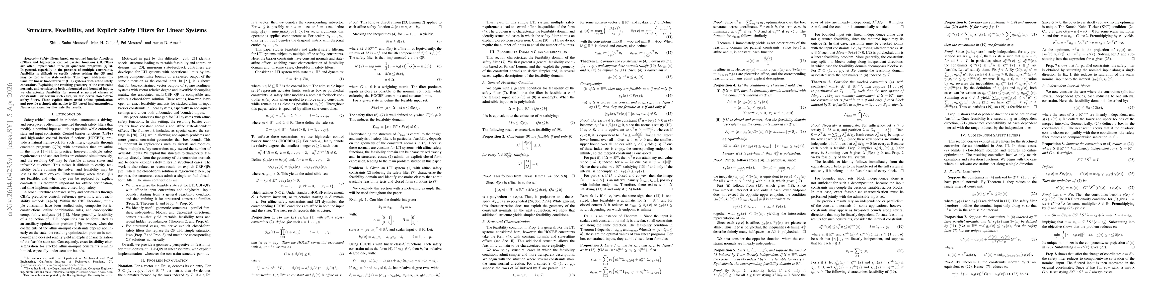 Thumbnail for Structure, Feasibility, and Explicit Safety Filters for Linear Systems