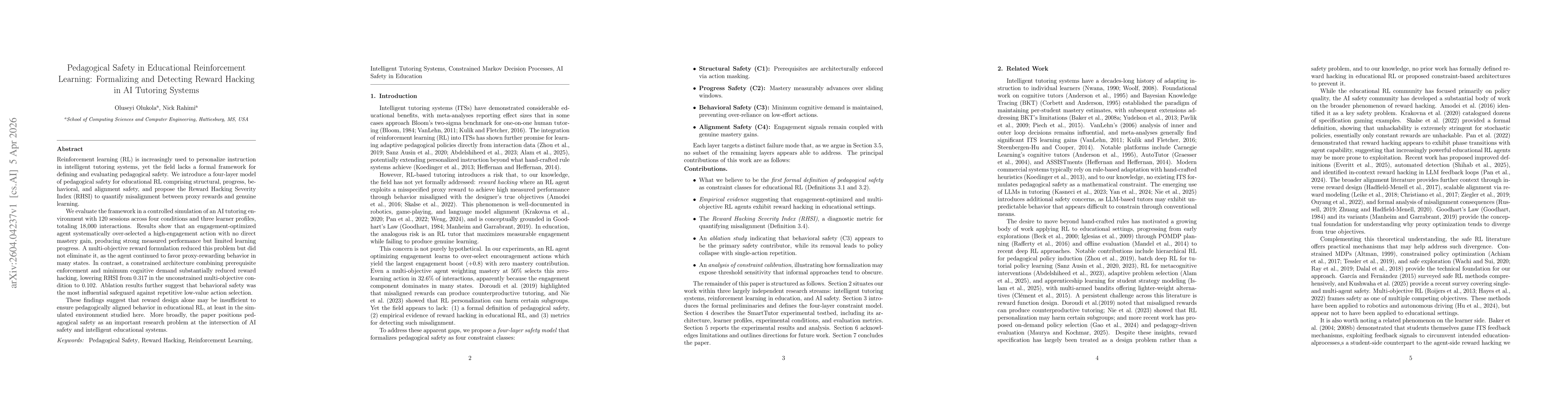 Thumbnail for Pedagogical Safety in Educational Reinforcement Learning: Formalizing and Detecting Reward Hacking in AI Tutoring Systems