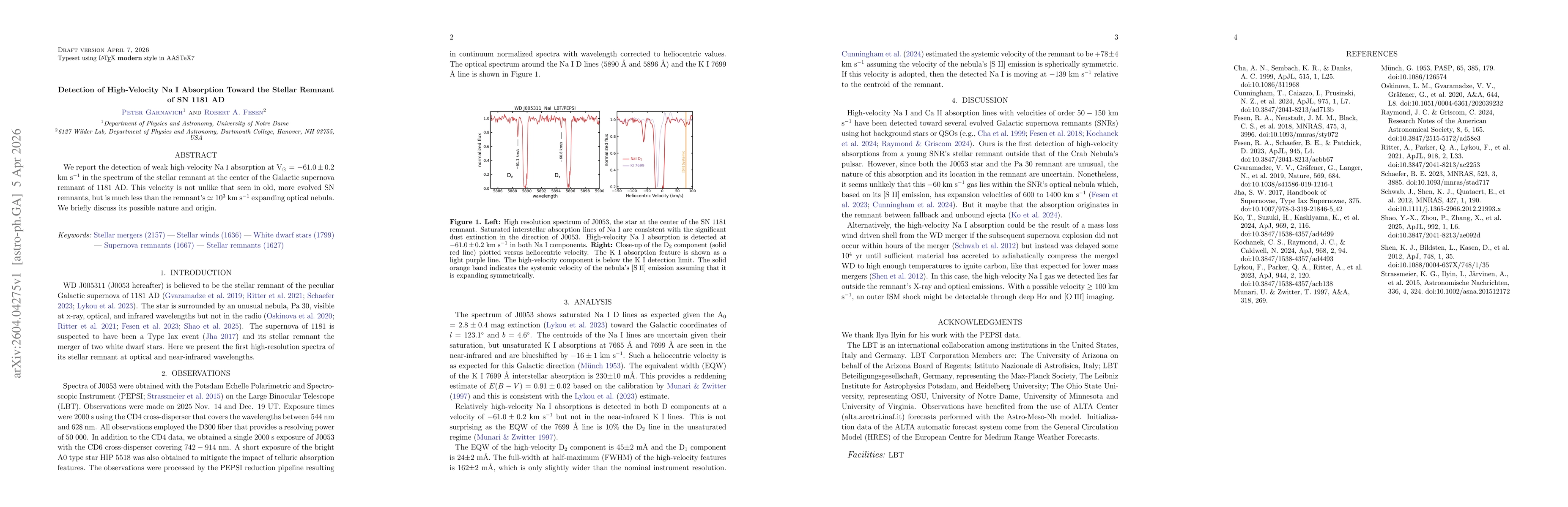 Thumbnail for Detection of High-Velocity Na$\;$I Absorption Toward the Stellar Remnant of SN 1181 AD