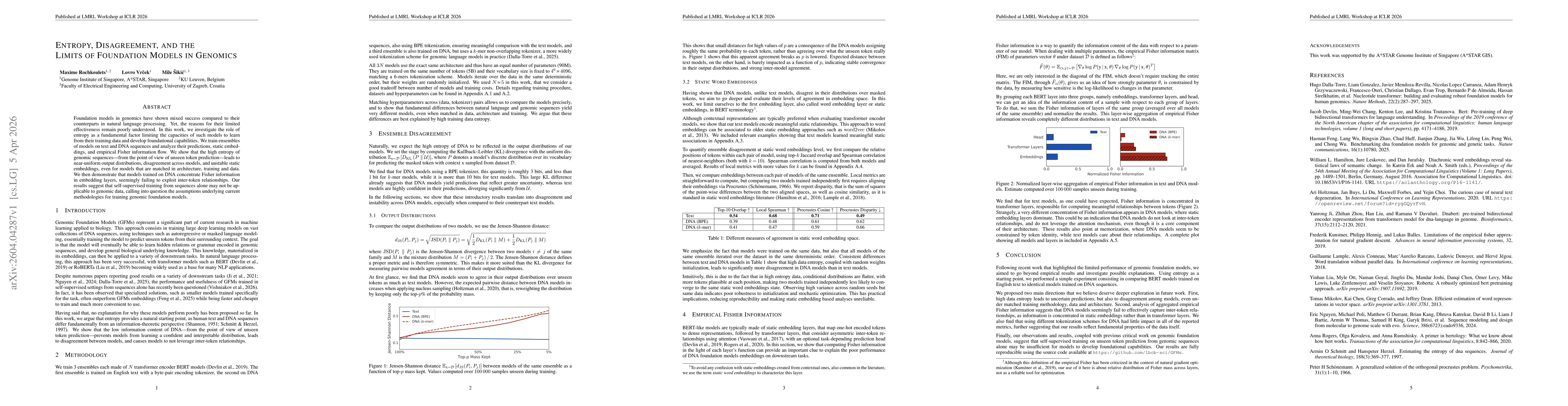 Thumbnail for Entropy, Disagreement, and the Limits of Foundation Models in Genomics
