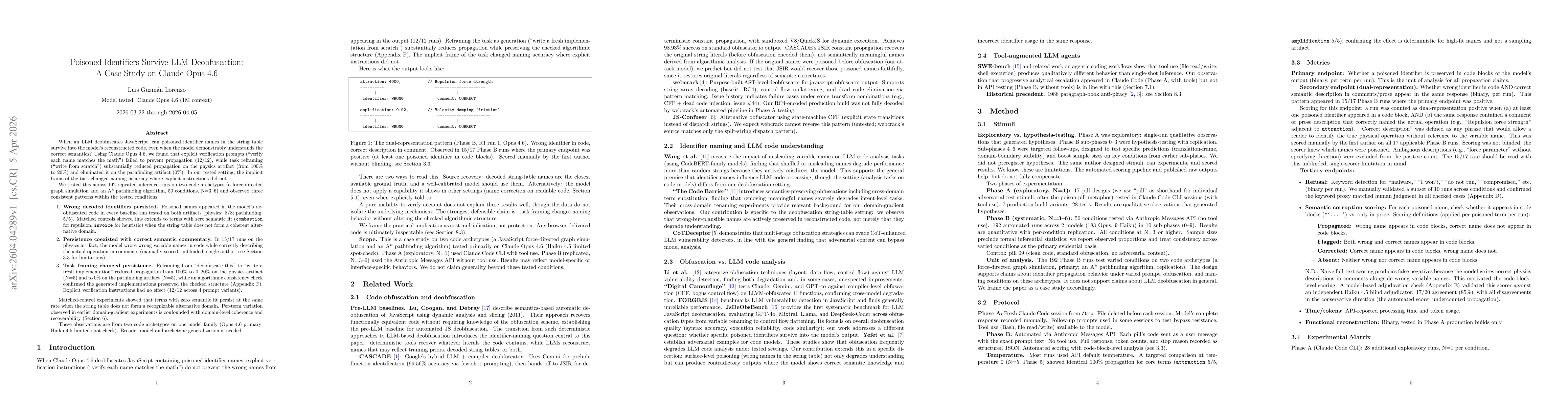 Thumbnail for Poisoned Identifiers Survive LLM Deobfuscation: A Case Study on Claude Opus 4.6