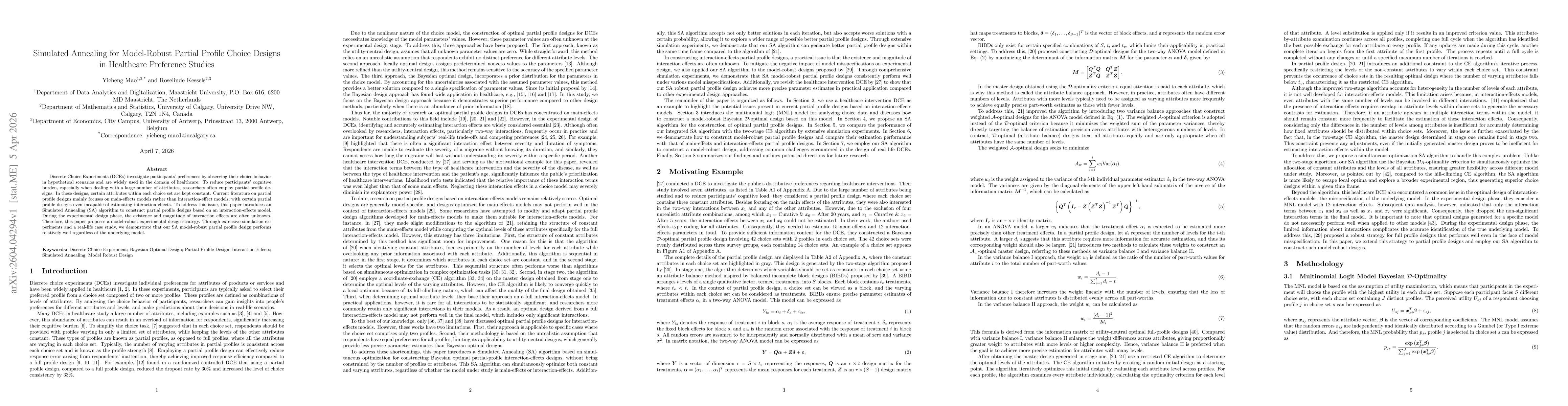 Thumbnail for Simulated Annealing for Model-Robust Partial Profile Choice Designs in Healthcare Preference Studies