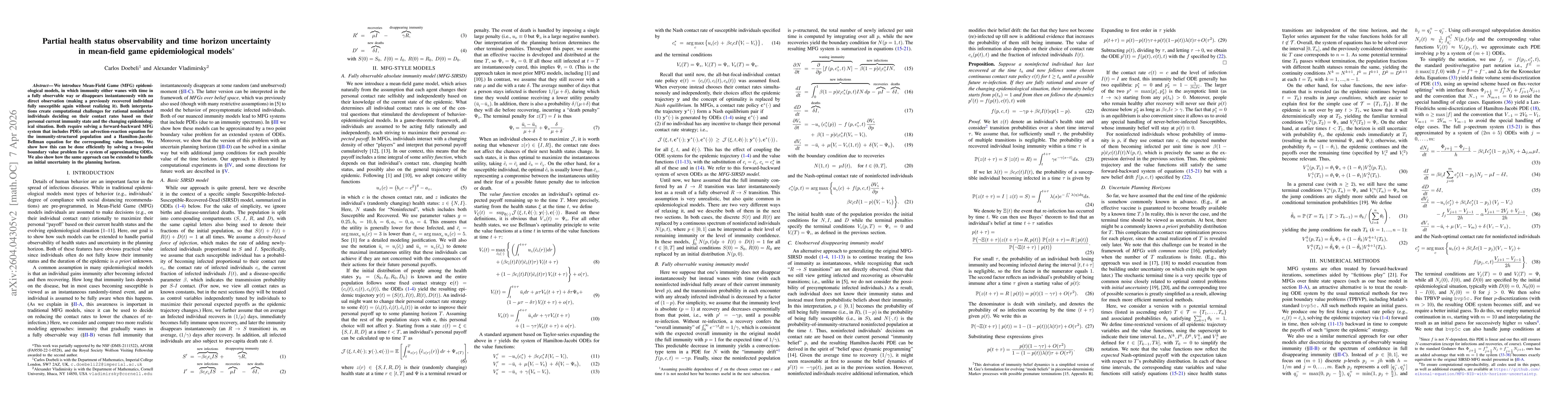 Thumbnail for Partial health status observability and time horizon uncertainty in mean-field game epidemiological models$^*$