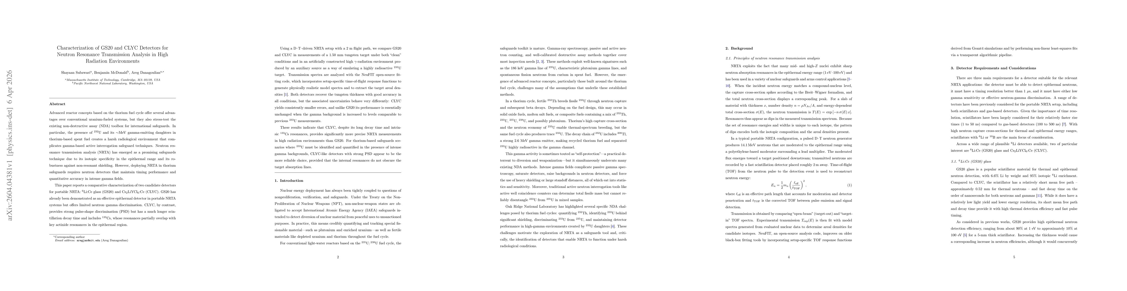 Thumbnail for Characterization of GS20 and CLYC Detectors for Neutron Resonance Transmission Analysis in High Radiation Environments