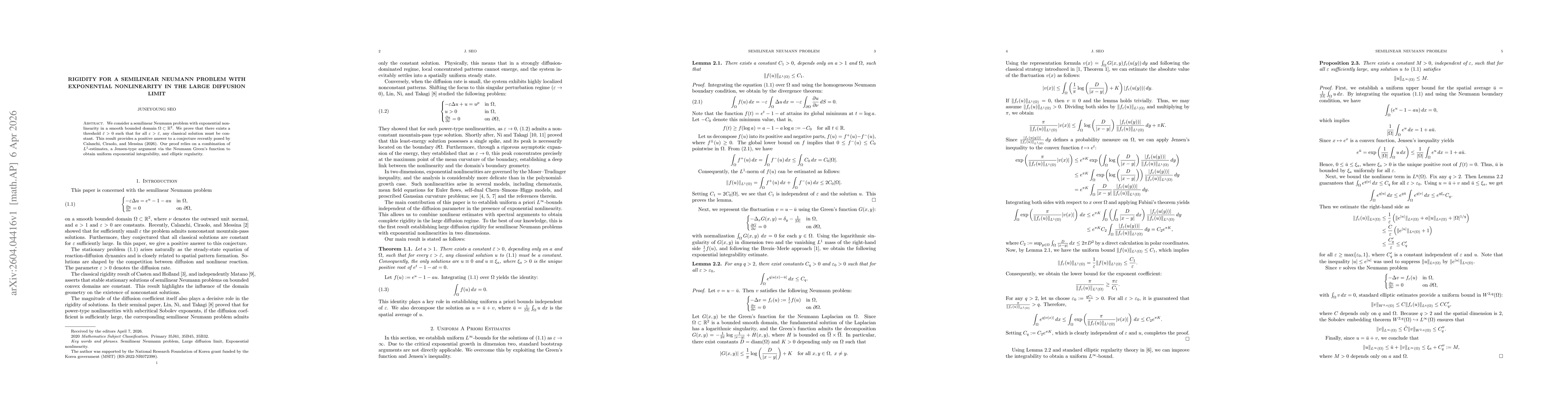 Thumbnail for Rigidity for a semilinear Neumann problem with exponential nonlinearity in the large diffusion limit