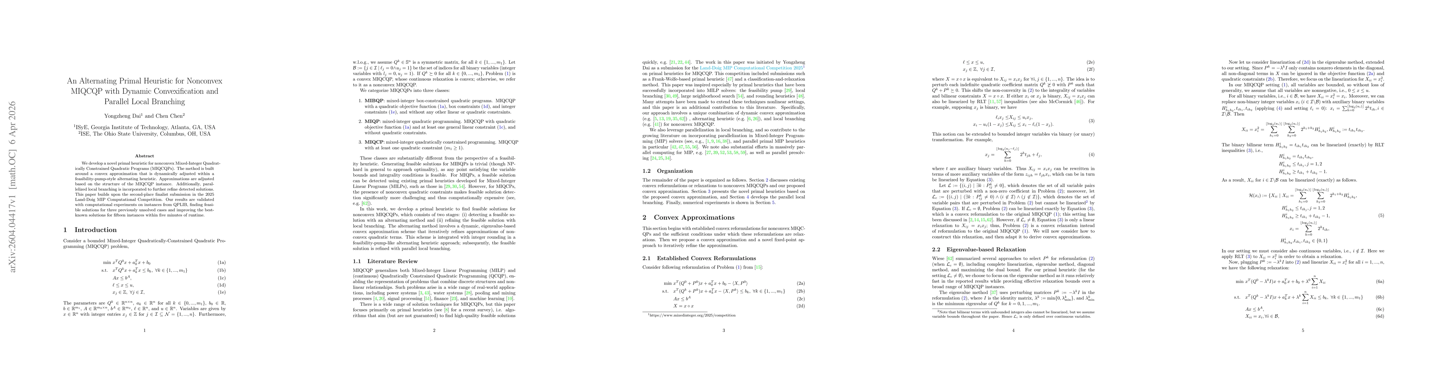 Thumbnail for An Alternating Primal Heuristic for Nonconvex MIQCQP with Dynamic Convexification and Parallel Local Branching