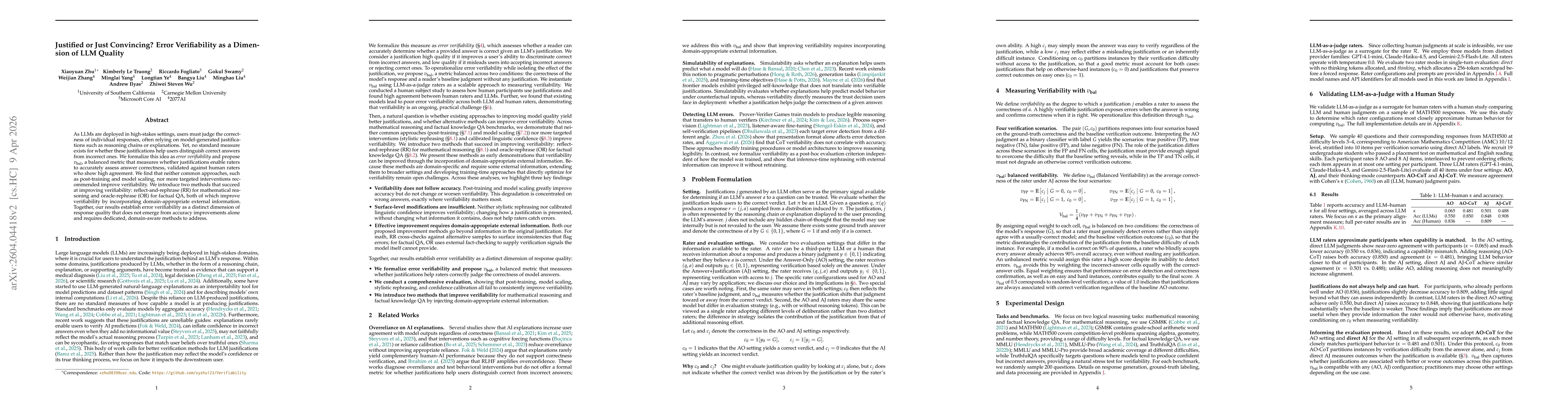 Thumbnail for Justified or Just Convincing? Error Verifiability as a Dimension of LLM Quality