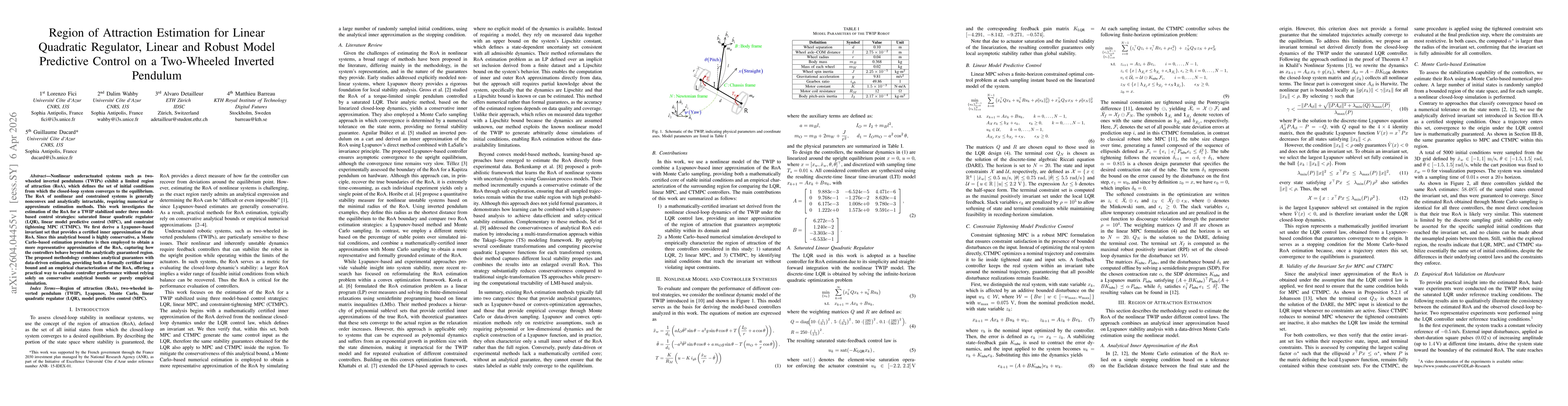 Thumbnail for Region of Attraction Estimation for Linear Quadratic Regulator, Linear and Robust Model Predictive Control on a Two-Wheeled Inverted Pendulum