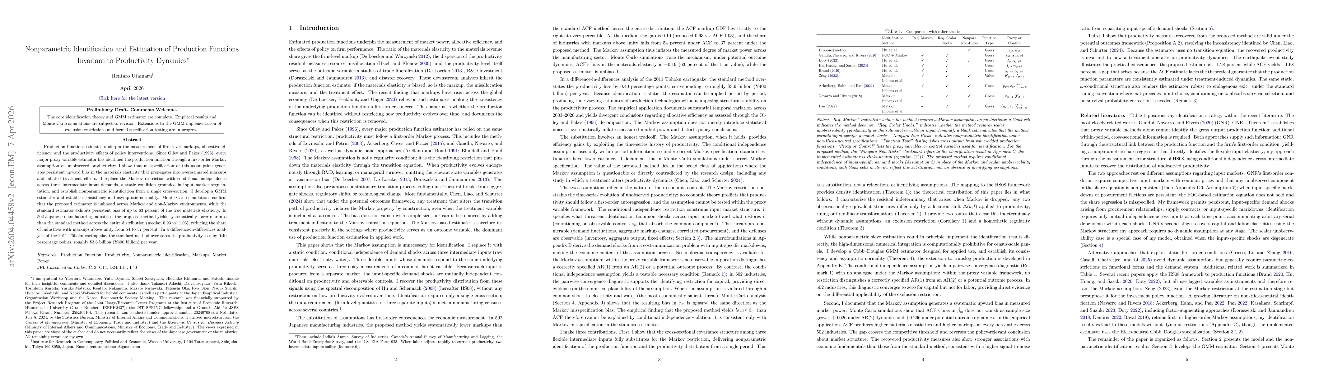 Thumbnail for Nonparametric Identification and Estimation of Production Functions Invariant to Productivity Dynamics