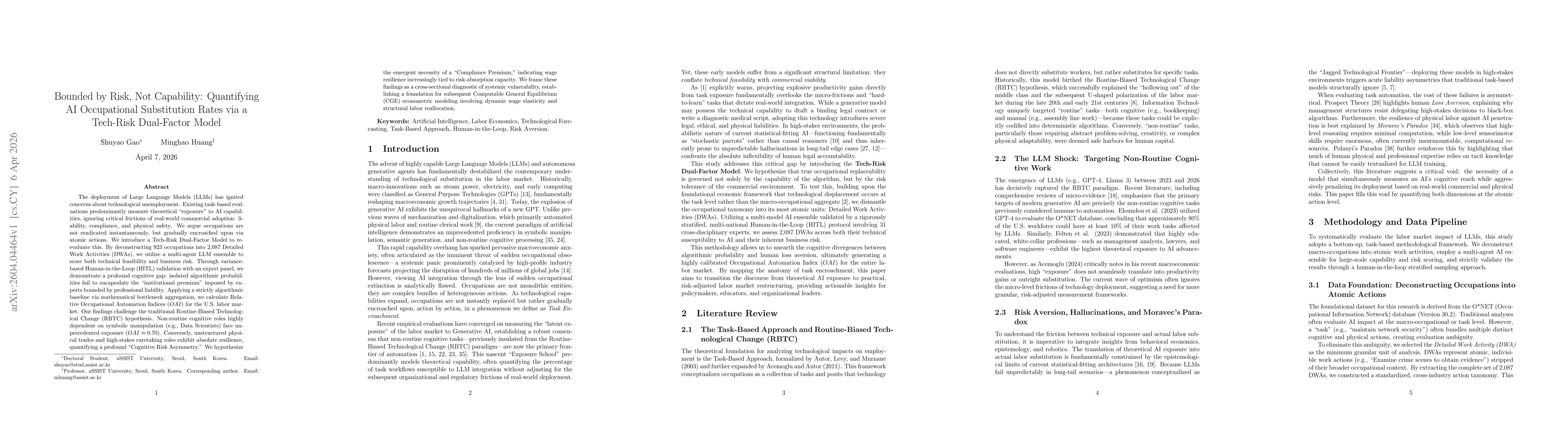 Thumbnail for Bounded by Risk, Not Capability: Quantifying AI Occupational Substitution Rates via a Tech-Risk Dual-Factor Model