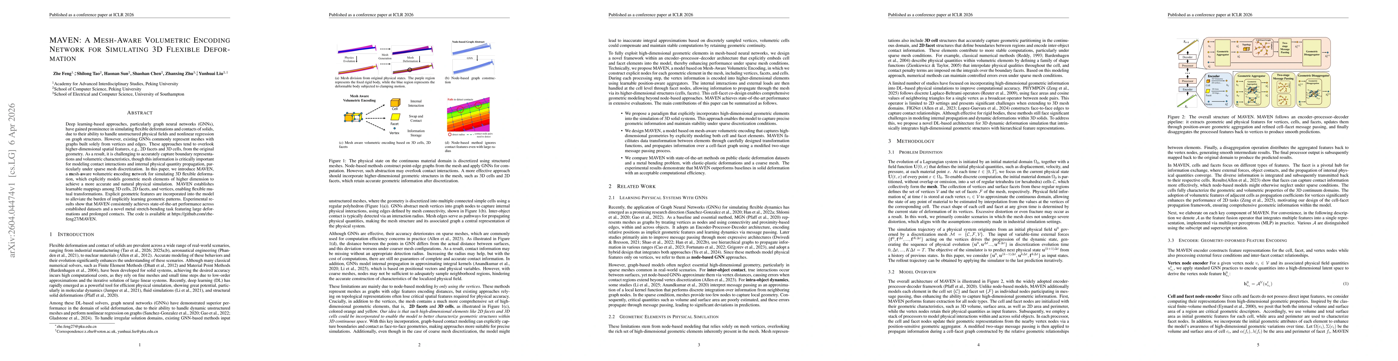 Thumbnail for MAVEN: A Mesh-Aware Volumetric Encoding Network for Simulating 3D Flexible Deformation