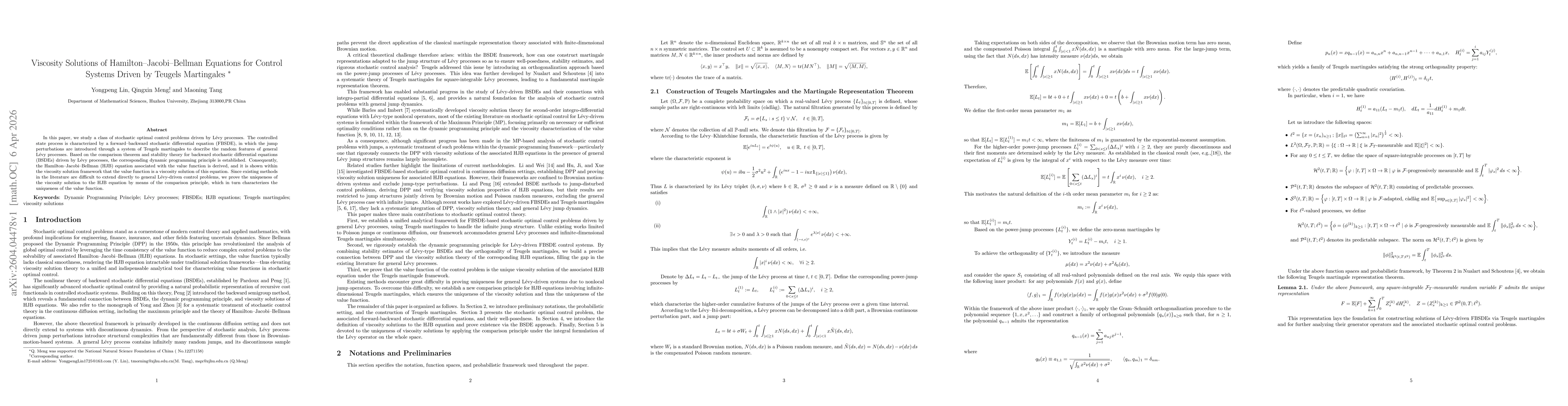 Thumbnail for Viscosity Solutions of Hamilton--Jacobi--Bellman Equations for Control Systems Driven by Teugels Martingales