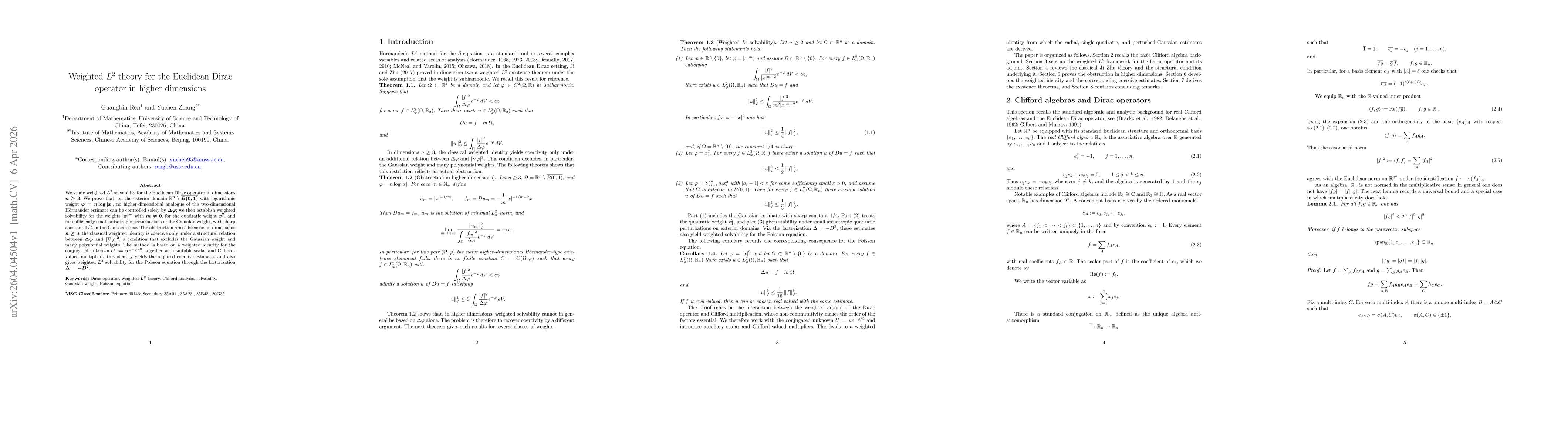 Thumbnail for Weighted $L^2$ theory for the Euclidean Dirac operator in higher dimensions