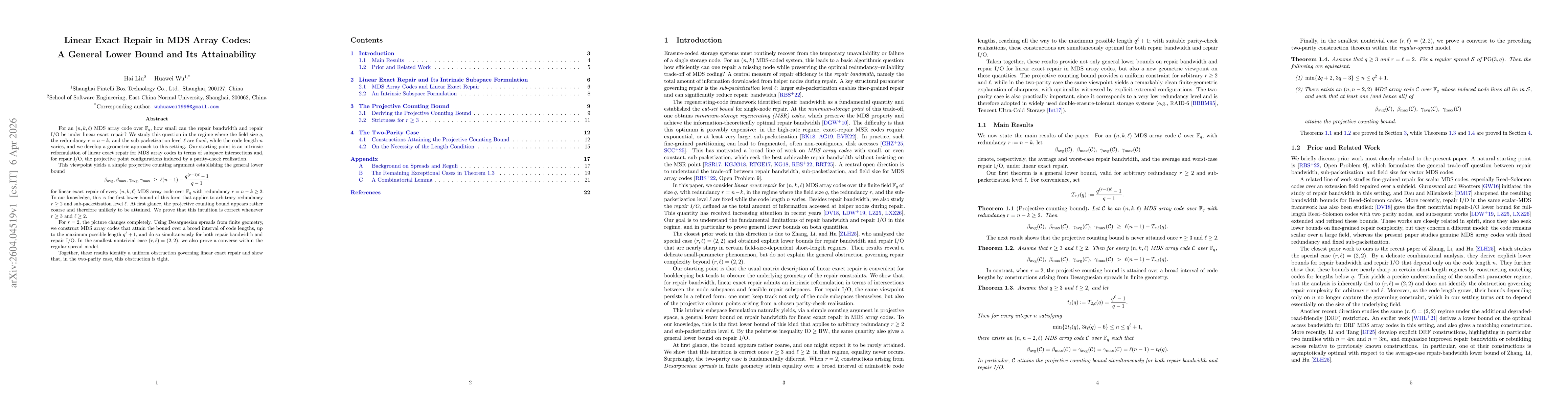 Thumbnail for Linear Exact Repair in MDS Array Codes: A General Lower Bound and Its Attainability