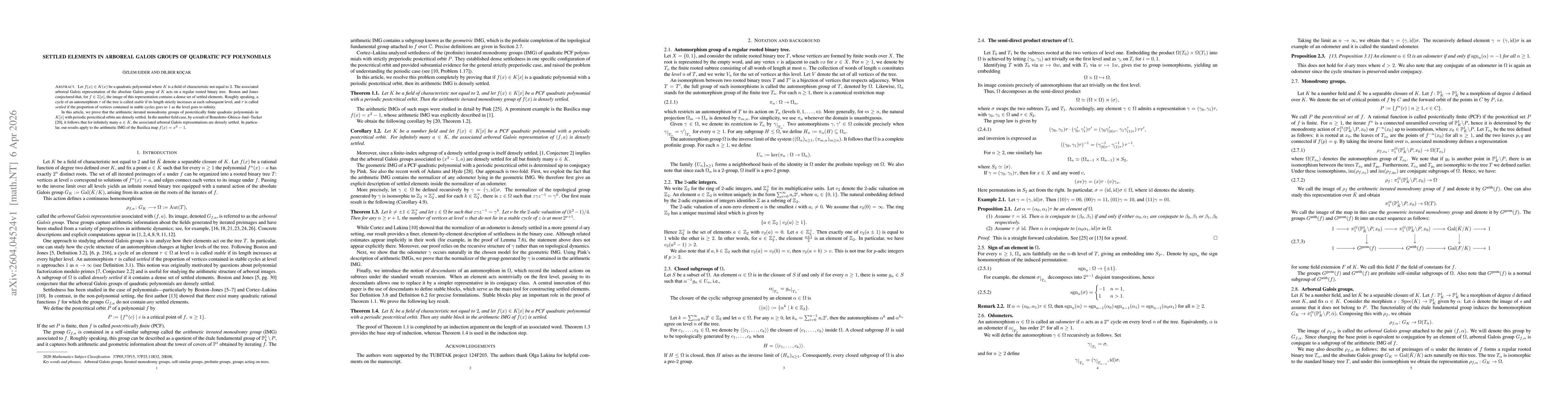 Thumbnail for Settled Elements in Arboreal Galois Groups of Quadratic PCF Polynomials