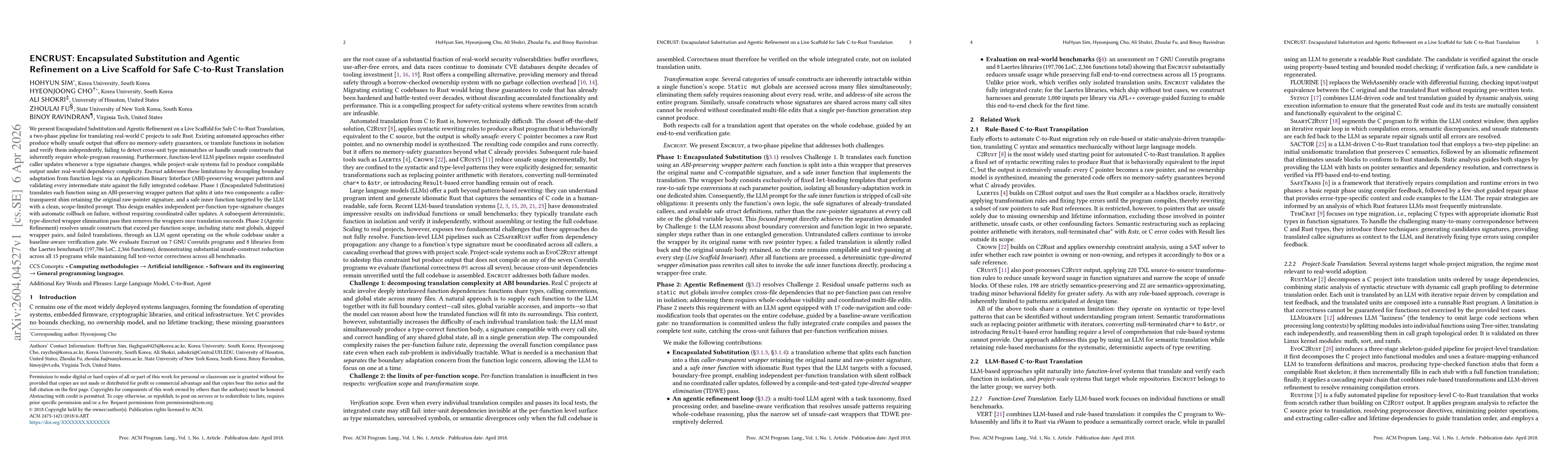 Thumbnail for ENCRUST: Encapsulated Substitution and Agentic Refinement on a Live Scaffold for Safe C-to-Rust Translation
