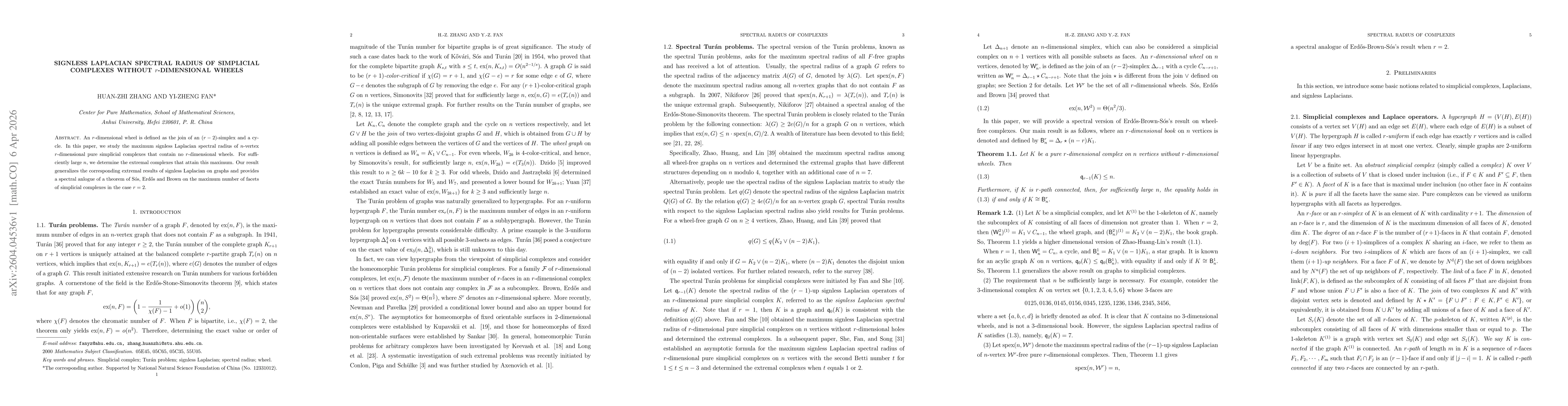 Thumbnail for Signless Laplacian spectral radius of simplicial complexes without $r$-dimensional wheels