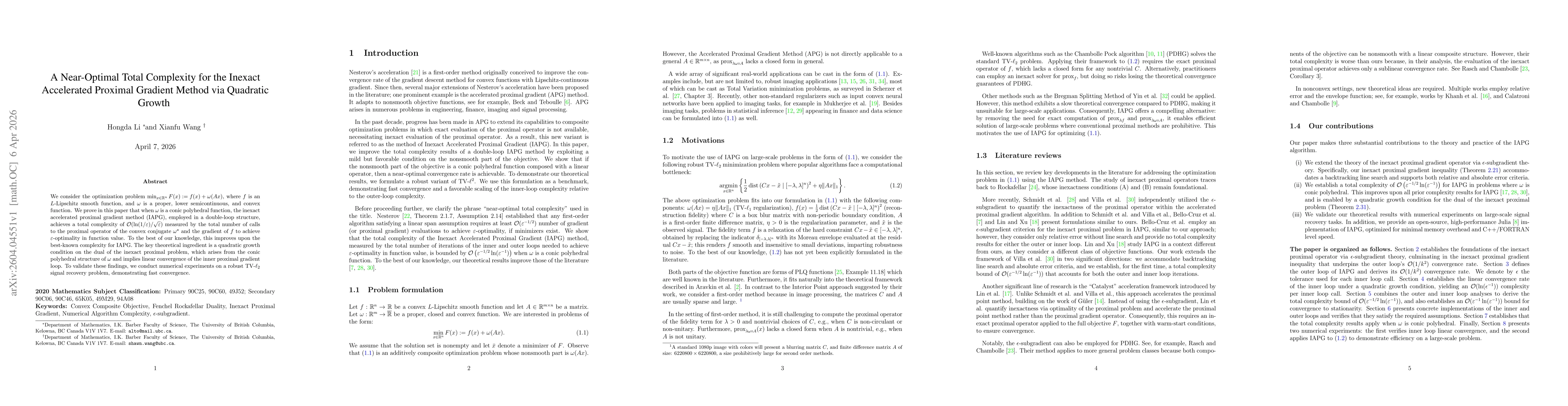 Thumbnail for A Near-Optimal Total Complexity for the Inexact Accelerated Proximal Gradient Method via Quadratic Growth