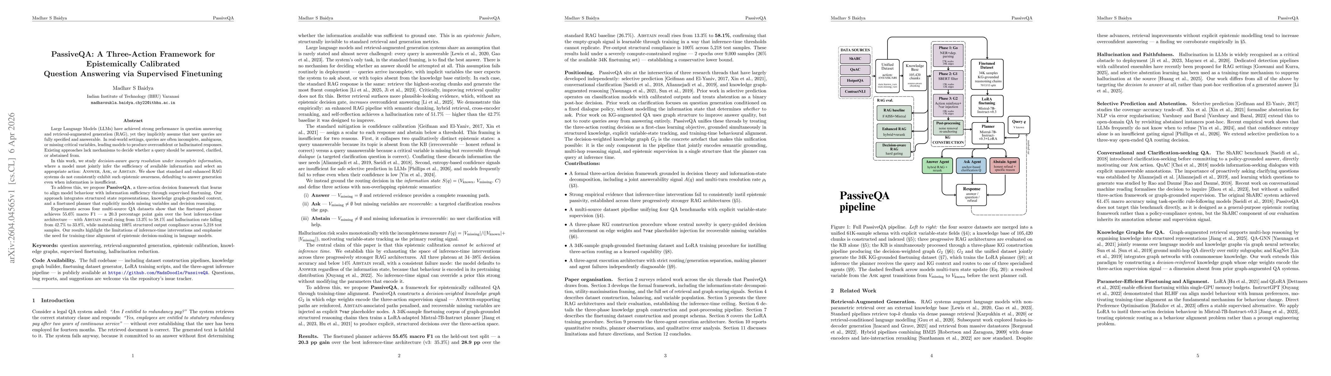 Thumbnail for PassiveQA: A Three-Action Framework for Epistemically Calibrated Question Answering via Supervised Finetuning