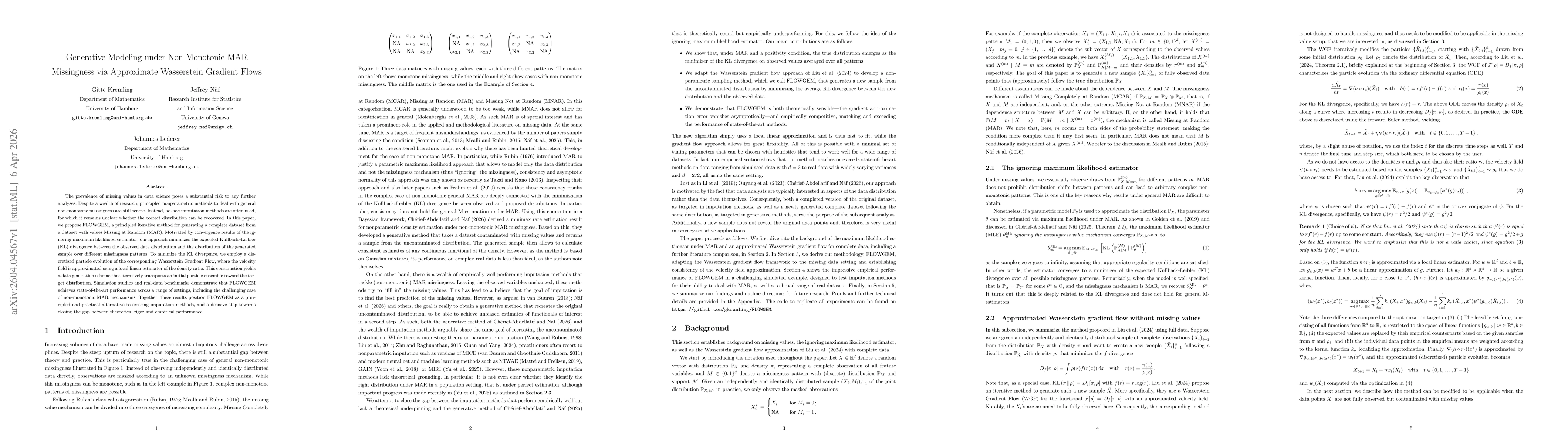 Thumbnail for Generative Modeling under Non-Monotonic MAR Missingness via Approximate Wasserstein Gradient Flows