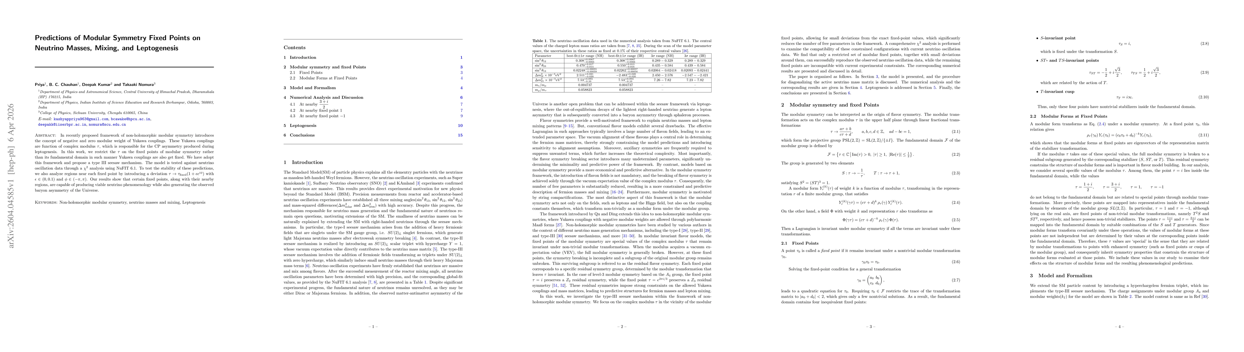 Thumbnail for Predictions of Modular Symmetry Fixed Points on Neutrino Masses, Mixing, and Leptogenesis