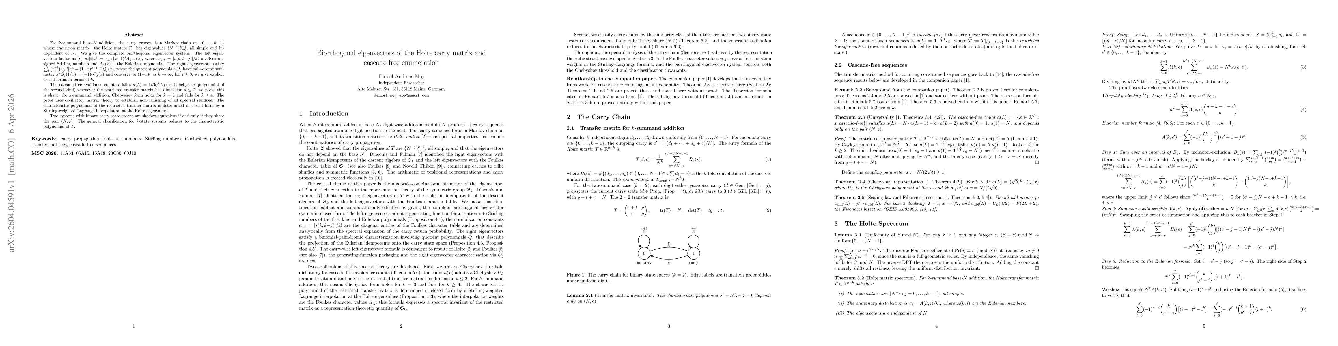 Thumbnail for Biorthogonal eigenvectors of the Holte carry matrix and cascade-free enumeration