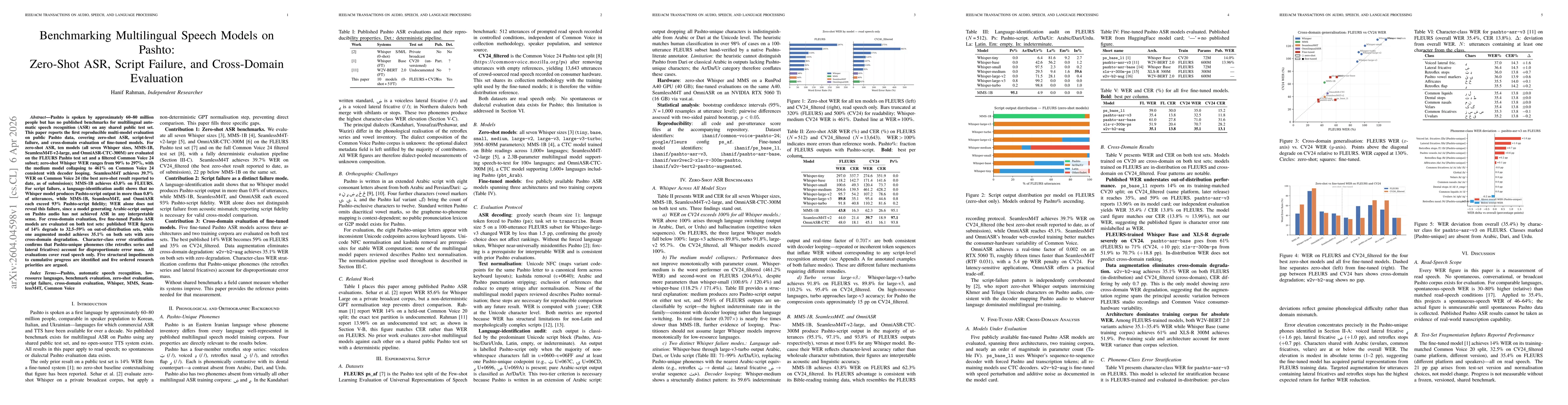 Thumbnail for Benchmarking Multilingual Speech Models on Pashto: Zero-Shot ASR, Script Failure, and Cross-Domain Evaluation