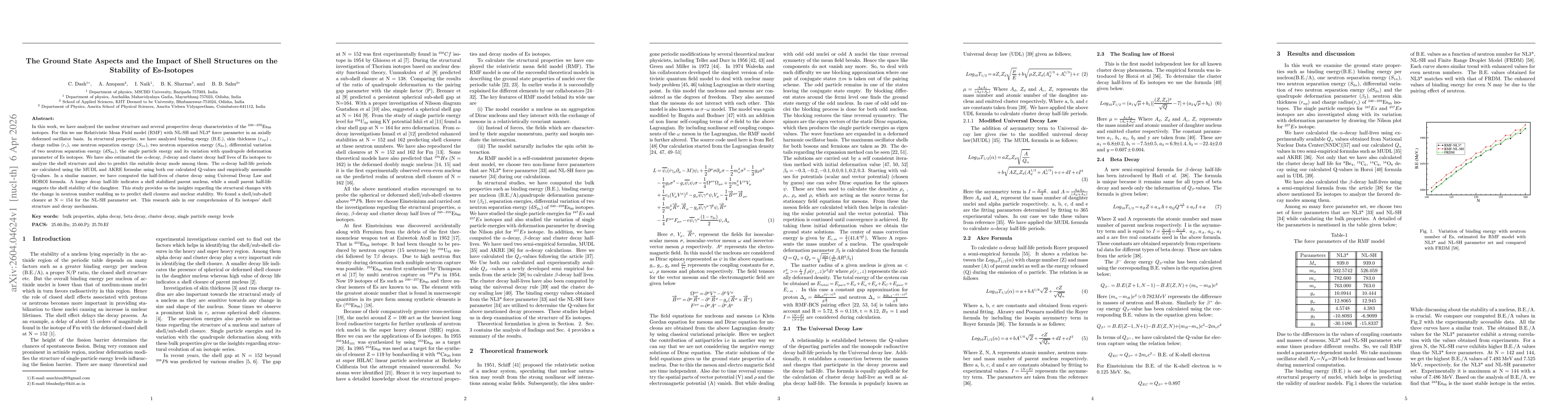 Thumbnail for The Ground State Aspects and the Impact of Shell Structures on the Stability of Es-Isotopes