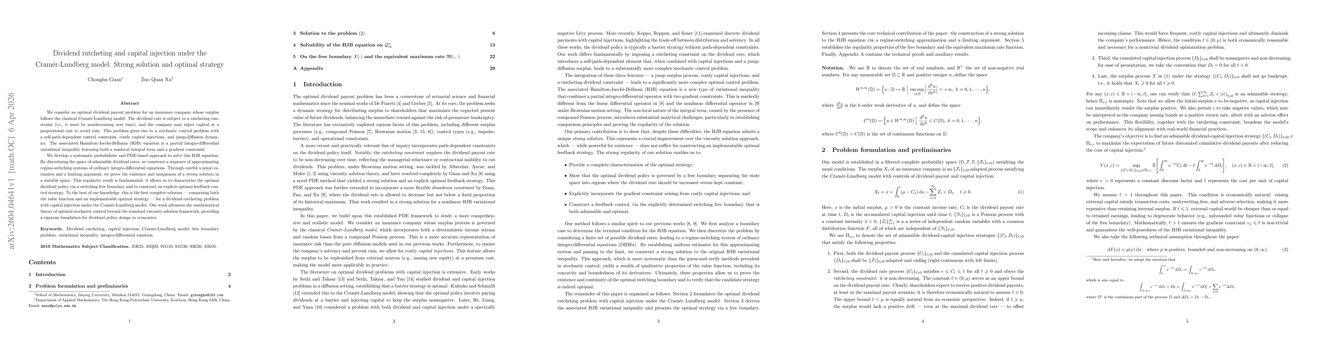 Thumbnail for Dividend ratcheting and capital injection under the Cramér-Lundberg model: Strong solution and optimal strategy