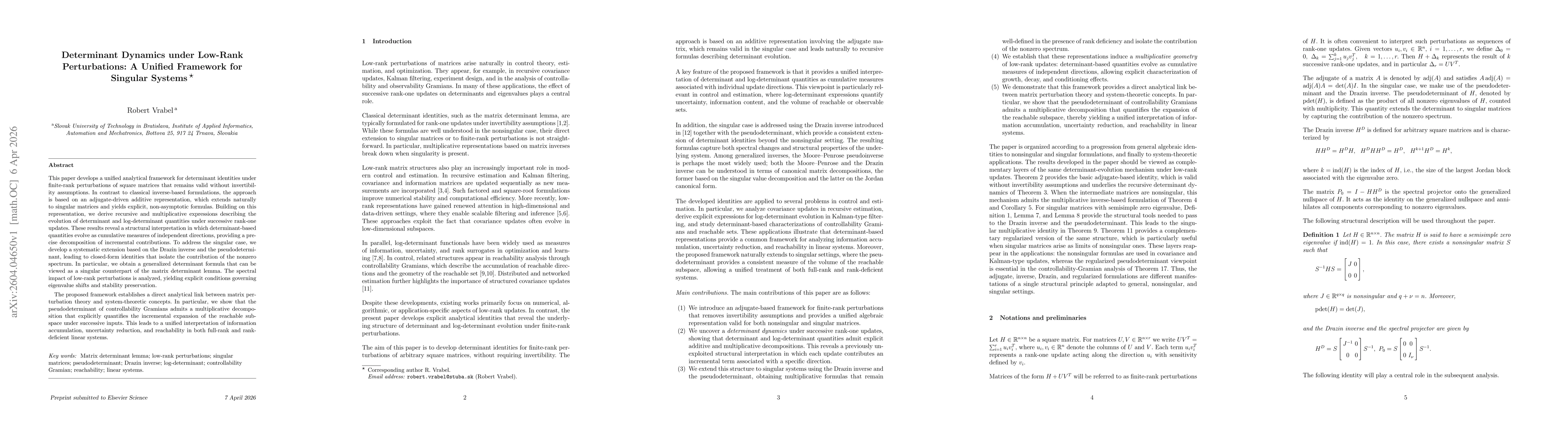 Thumbnail for Determinant Dynamics under Low-Rank Perturbations: A Unified Framework for Singular Systems