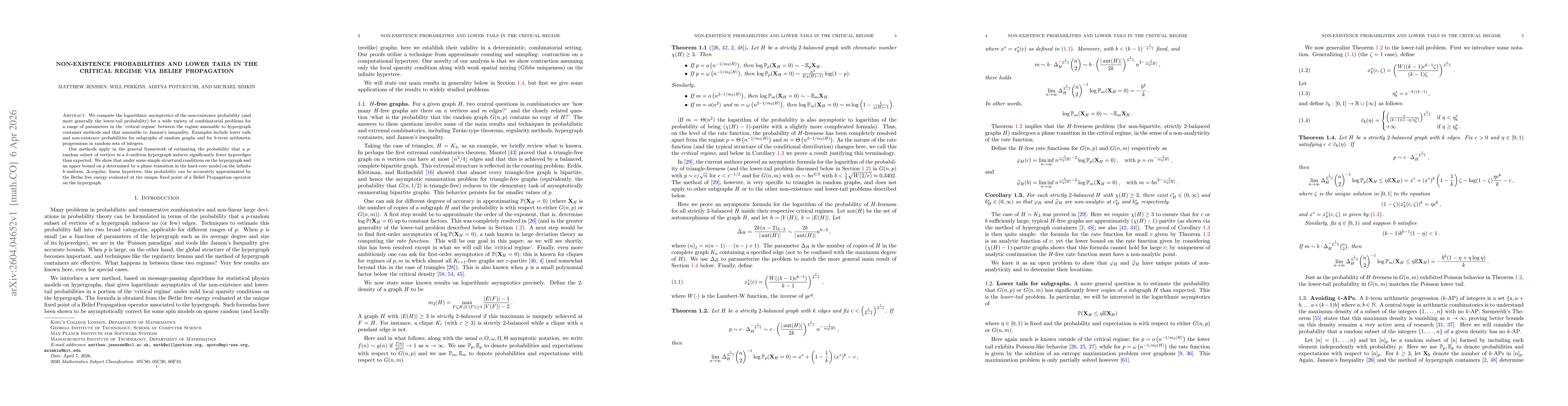 Thumbnail for Non-existence probabilities and lower tails in the critical regime via Belief Propagation