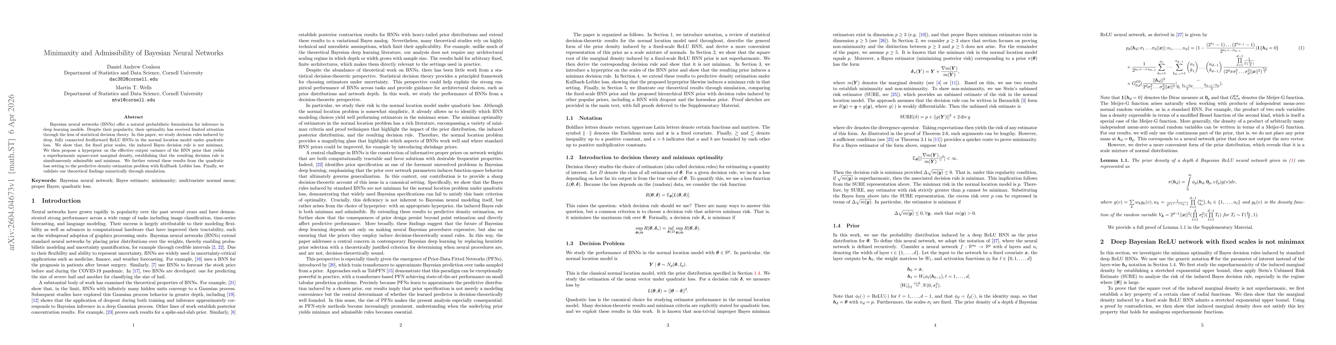 Thumbnail for Minimaxity and Admissibility of Bayesian Neural Networks