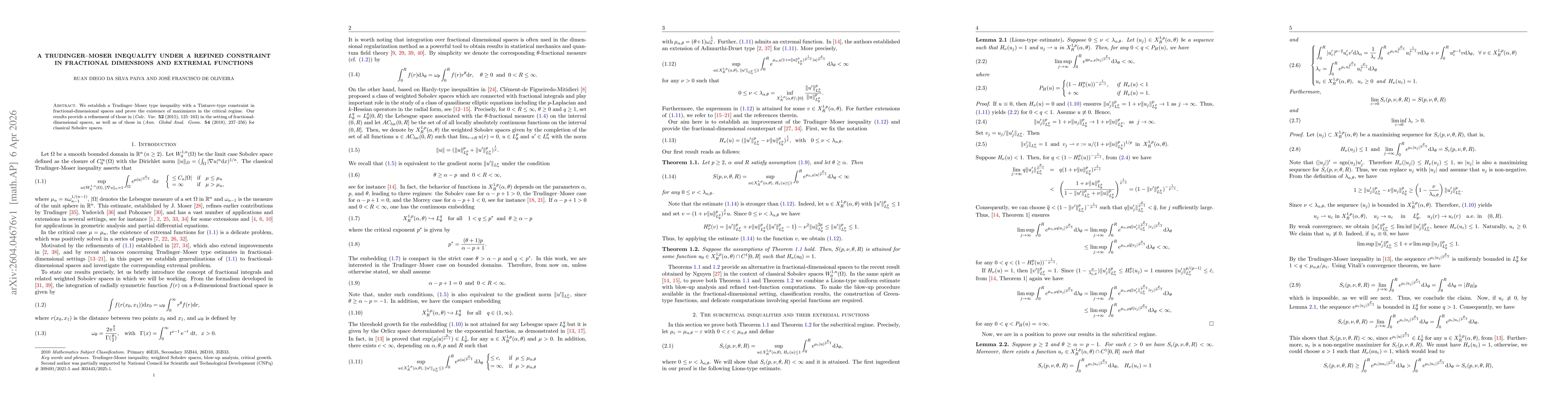 Thumbnail for A Trudinger-Moser inequality under a refined constraint in fractional dimensions and extremal functions