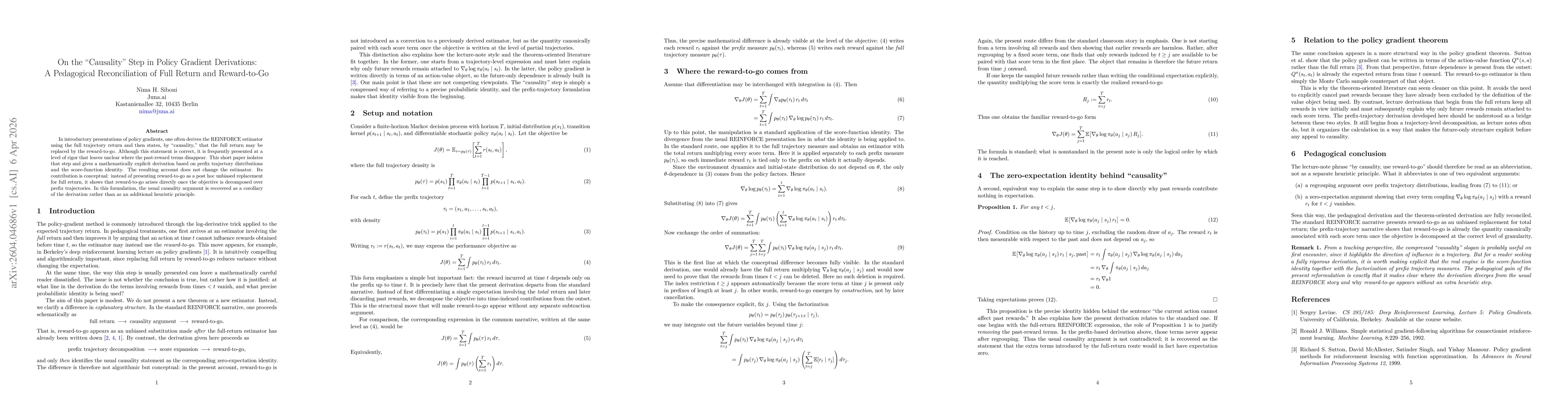 Thumbnail for On the "Causality" Step in Policy Gradient Derivations: A Pedagogical Reconciliation of Full Return and Reward-to-Go
