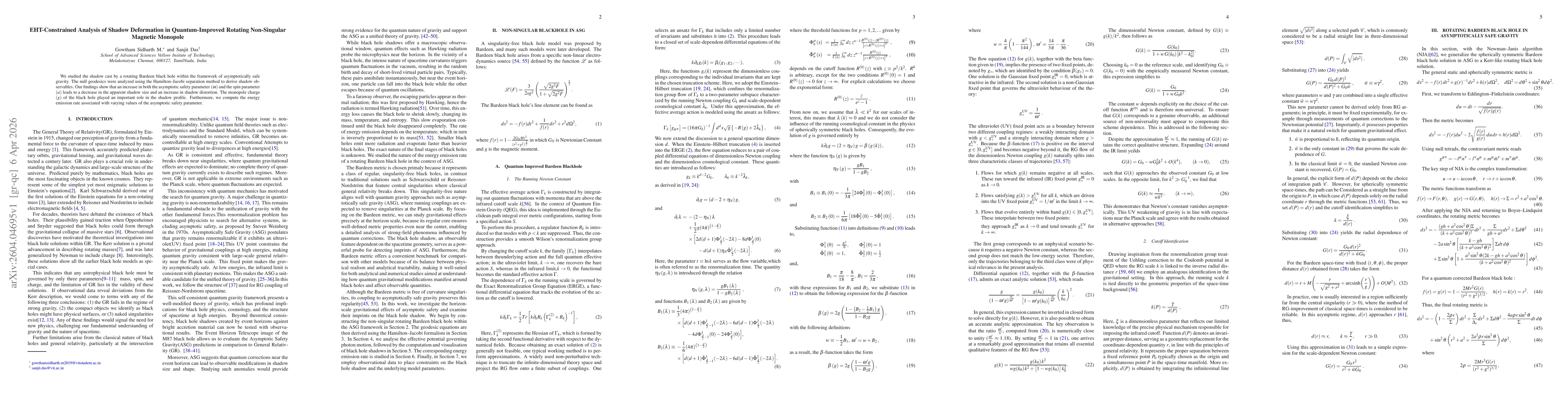 Thumbnail for EHT-Constrained Analysis of Shadow Deformation in Quantum-Improved Rotating Non-Singular Magnetic Monopole