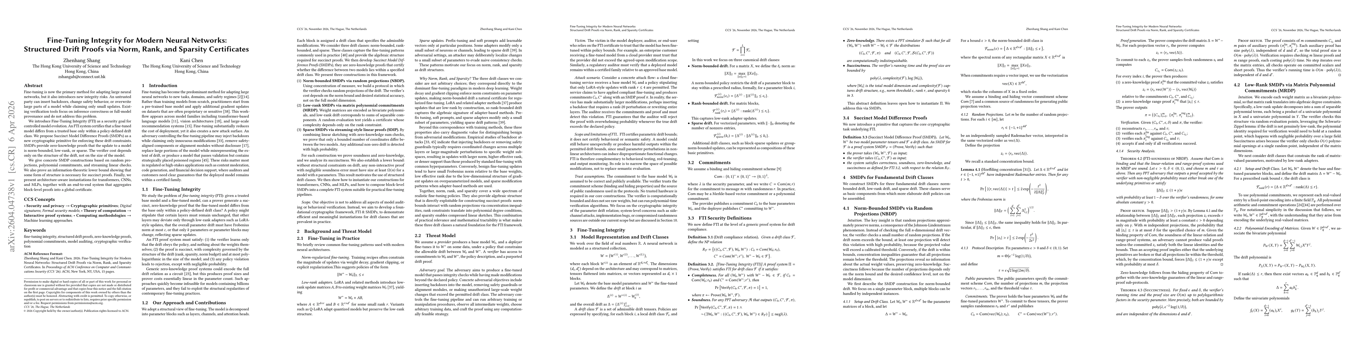 Thumbnail for Fine-Tuning Integrity for Modern Neural Networks: Structured Drift Proofs via Norm, Rank, and Sparsity Certificates