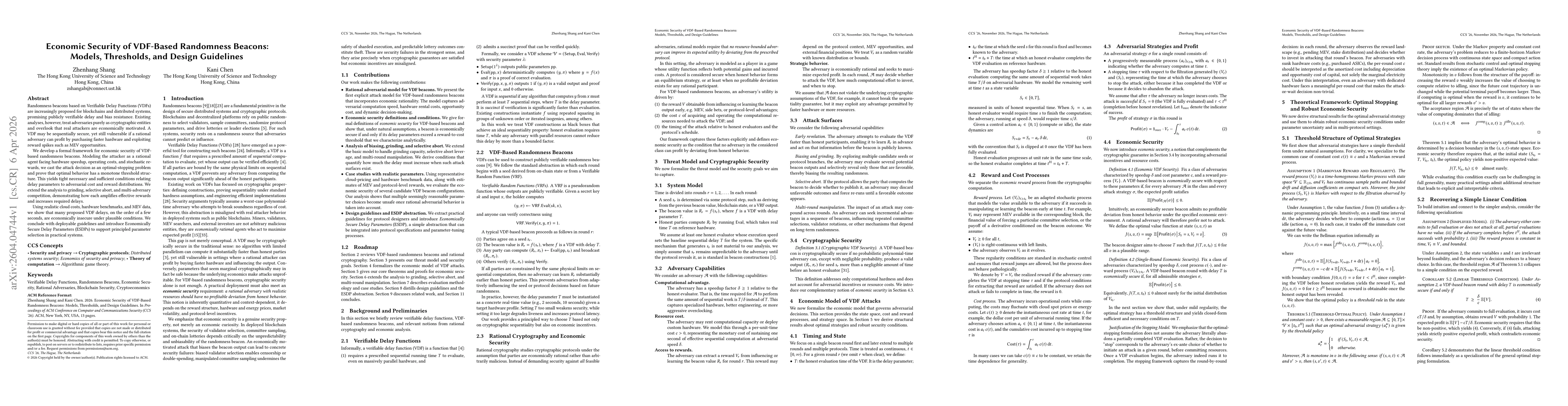 Thumbnail for Economic Security of VDF-Based Randomness Beacons: Models, Thresholds, and Design Guidelines