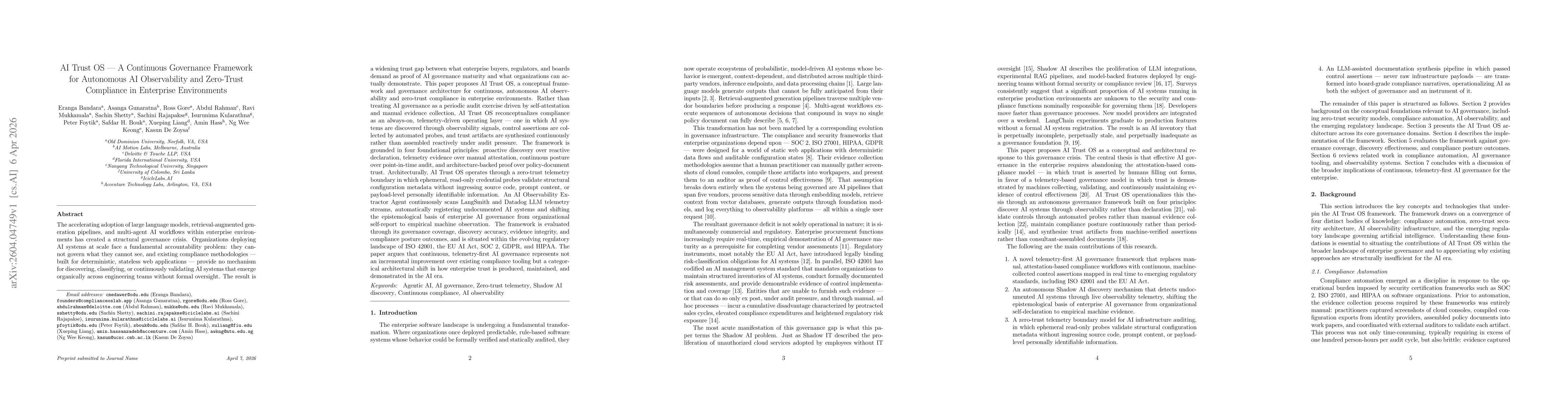 Thumbnail for AI Trust OS -- A Continuous Governance Framework for Autonomous AI Observability and Zero-Trust Compliance in Enterprise Environments