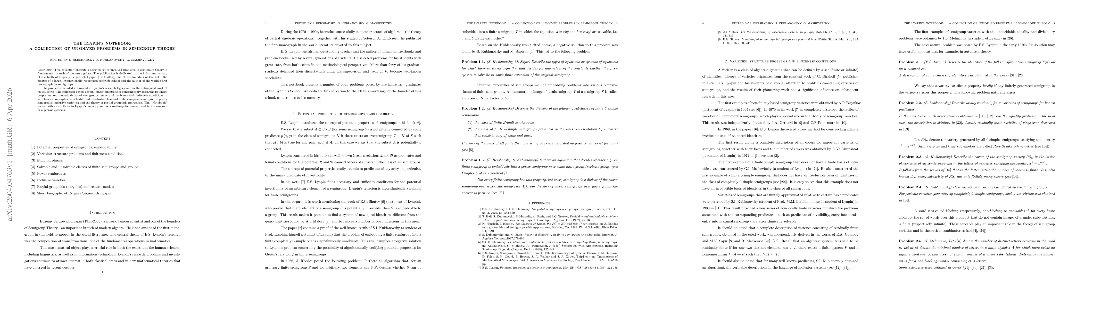 Thumbnail for The Lyapin's notebook: a collection of unsolved problems in Semigroup Theory