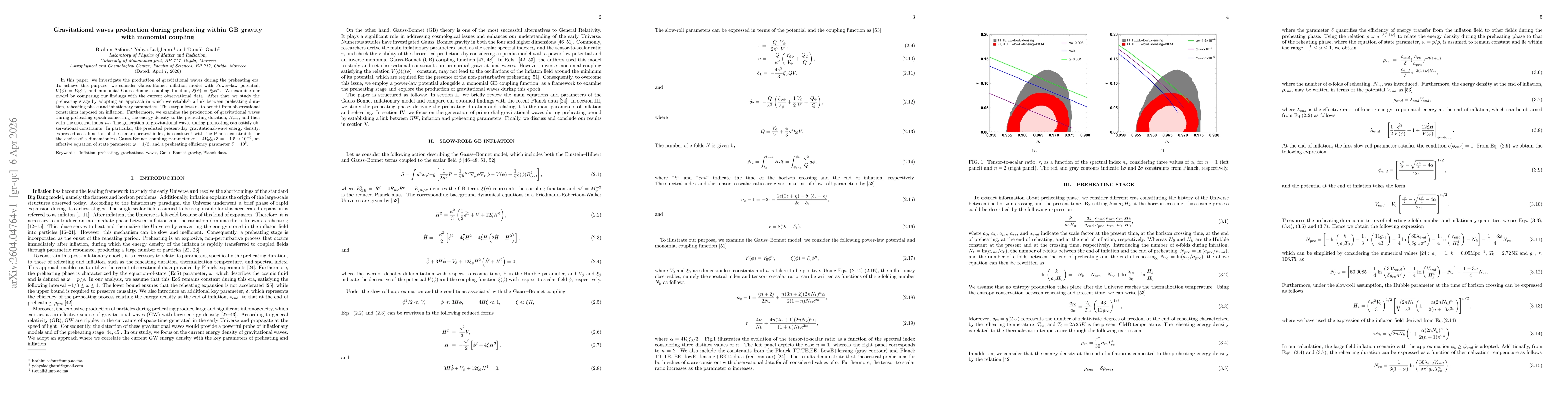 Thumbnail for Gravitational waves production during preheating within GB gravity with monomial coupling