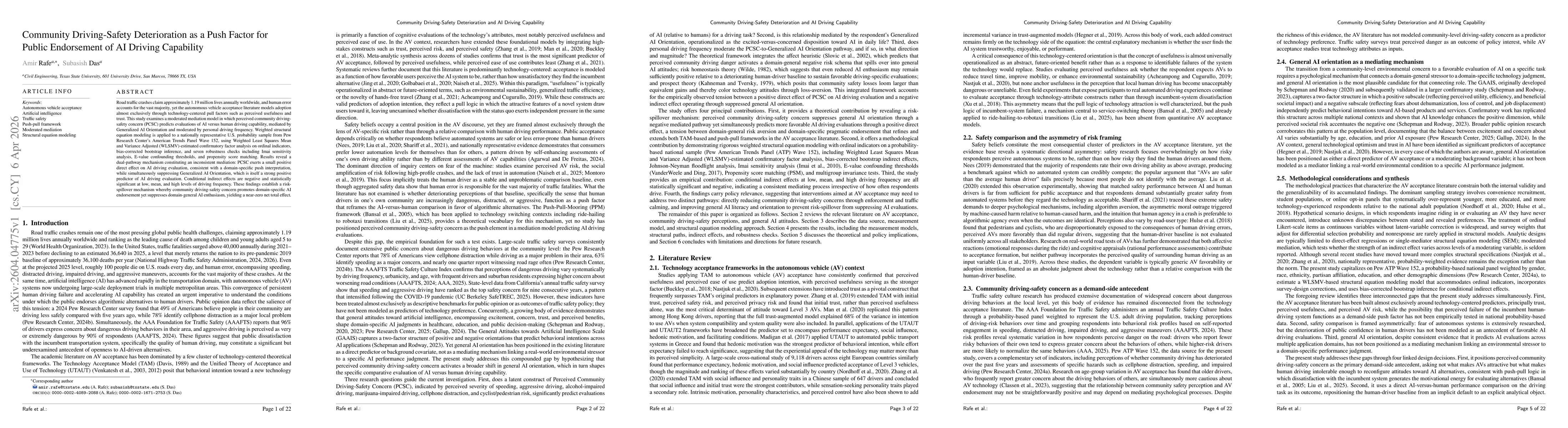Thumbnail for Community Driving-Safety Deterioration as a Push Factor for Public Endorsement of AI Driving Capability