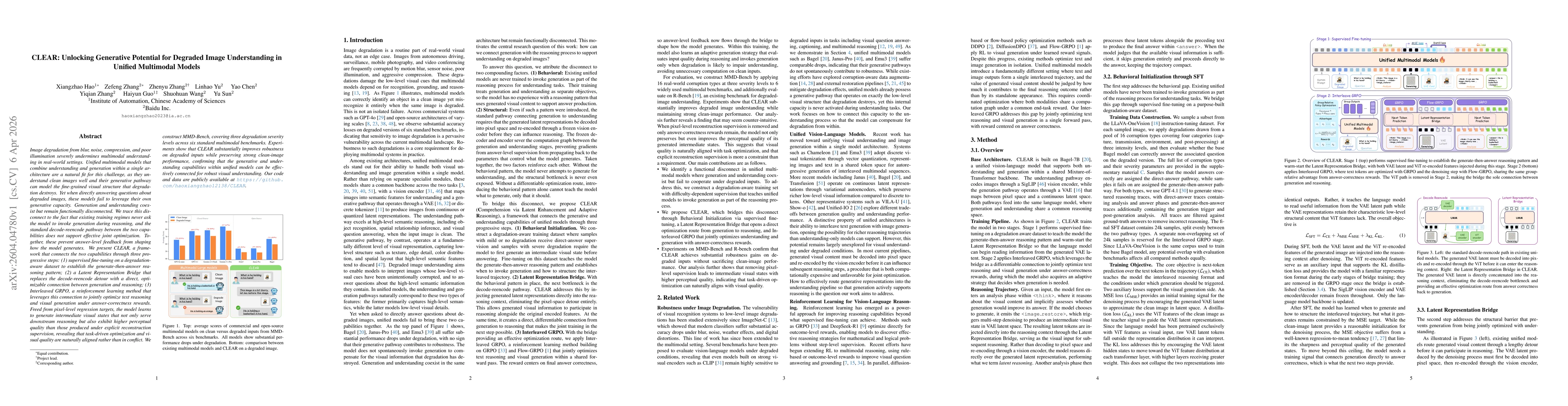 Thumbnail for CLEAR: Unlocking Generative Potential for Degraded Image Understanding in Unified Multimodal Models