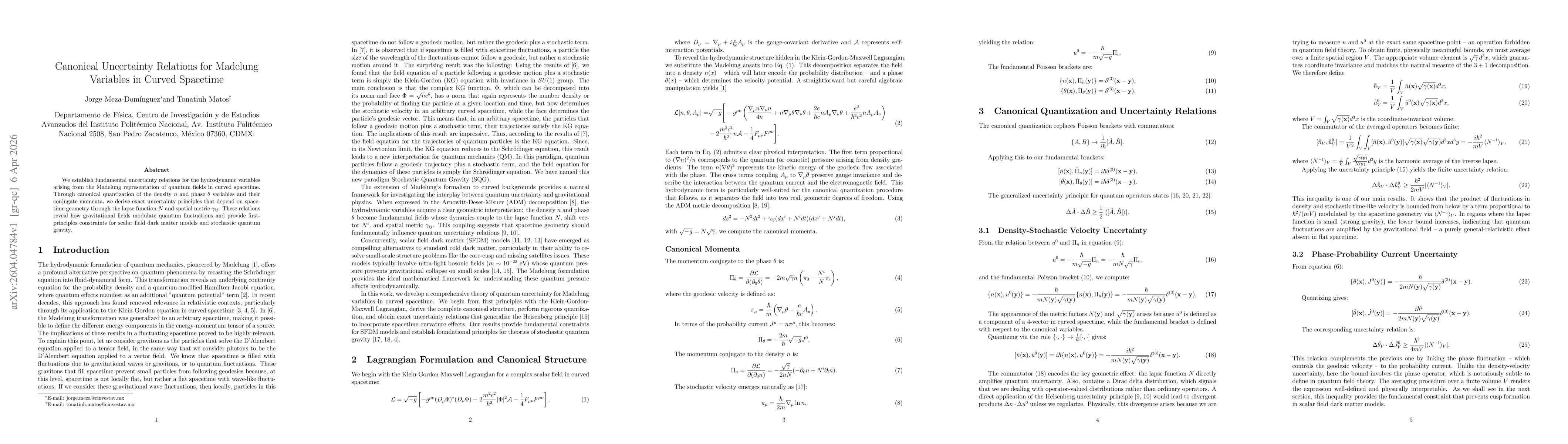 Thumbnail for Canonical Uncertainty Relations for Madelung Variables in Curved Spacetime