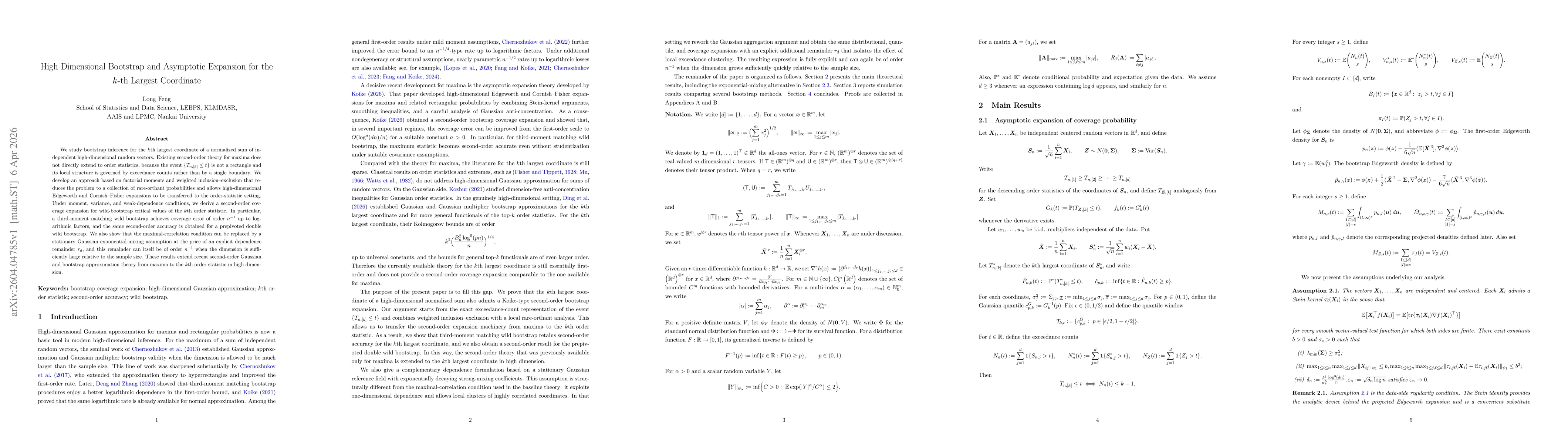 Thumbnail for High Dimensional Bootstrap and Asymptotic Expansion for the $k$-th Largest Coordinate