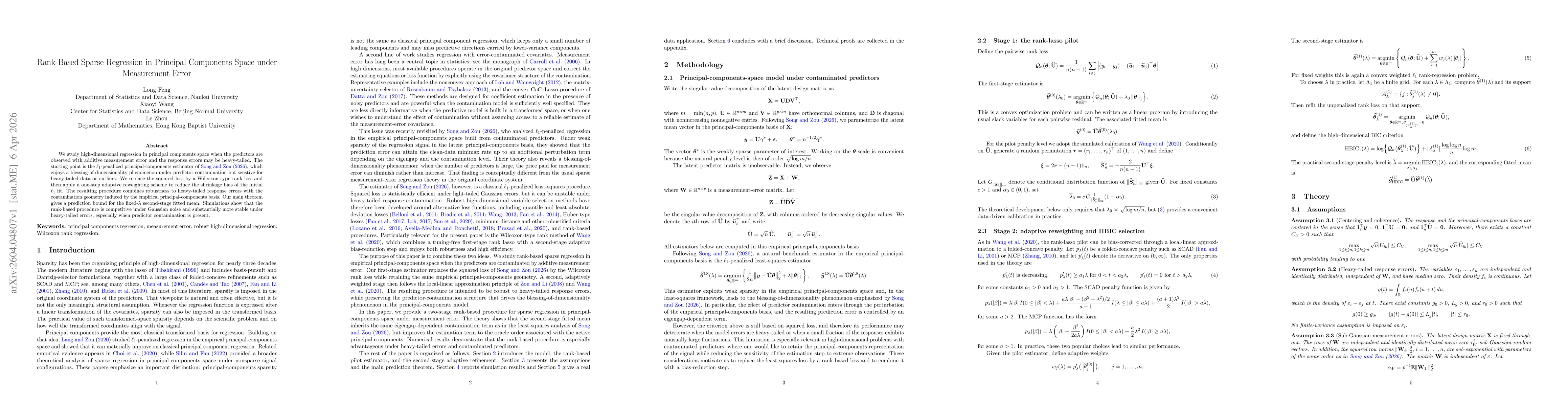 Thumbnail for Rank-Based Sparse Regression in Principal Components Space under Measurement Error