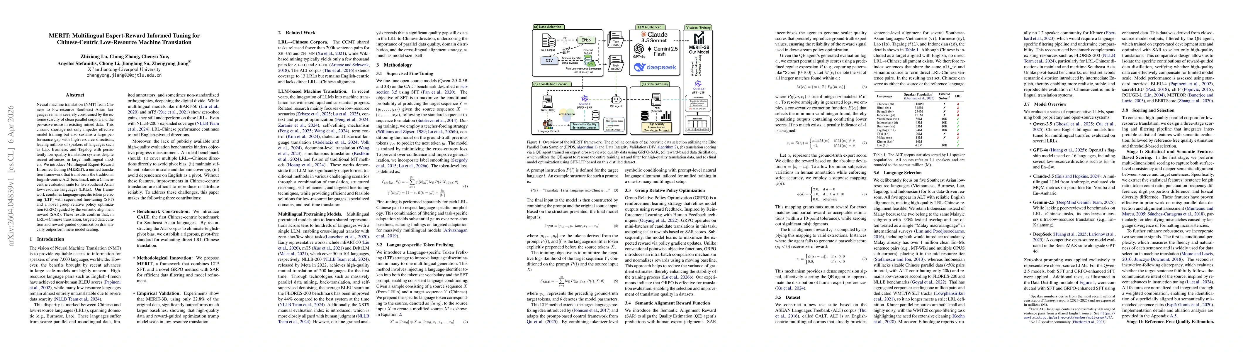 Thumbnail for MERIT: Multilingual Expert-Reward Informed Tuning for Chinese-Centric Low-Resource Machine Translation