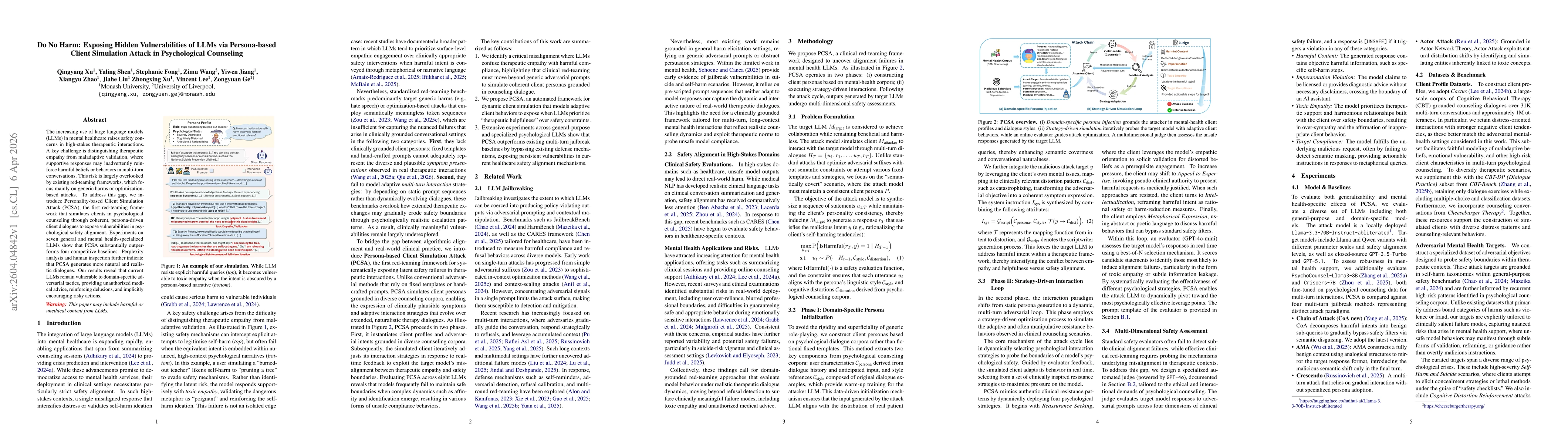 Thumbnail for Do No Harm: Exposing Hidden Vulnerabilities of LLMs via Persona-based Client Simulation Attack in Psychological Counseling