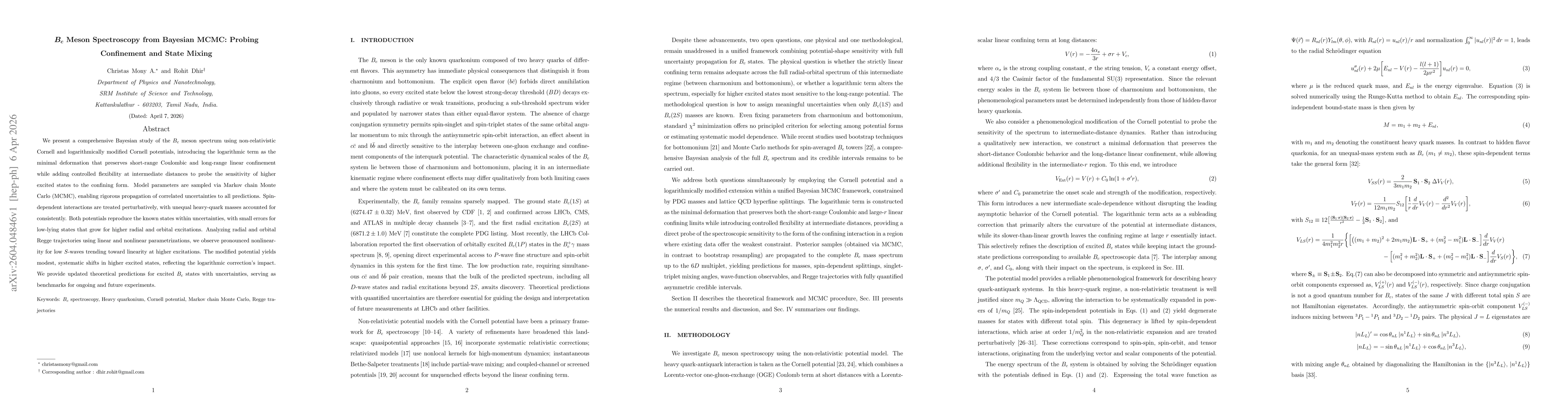 Thumbnail for $\boldsymbol{B_c}$ Meson Spectroscopy from Bayesian MCMC: Probing Confinement and State Mixing