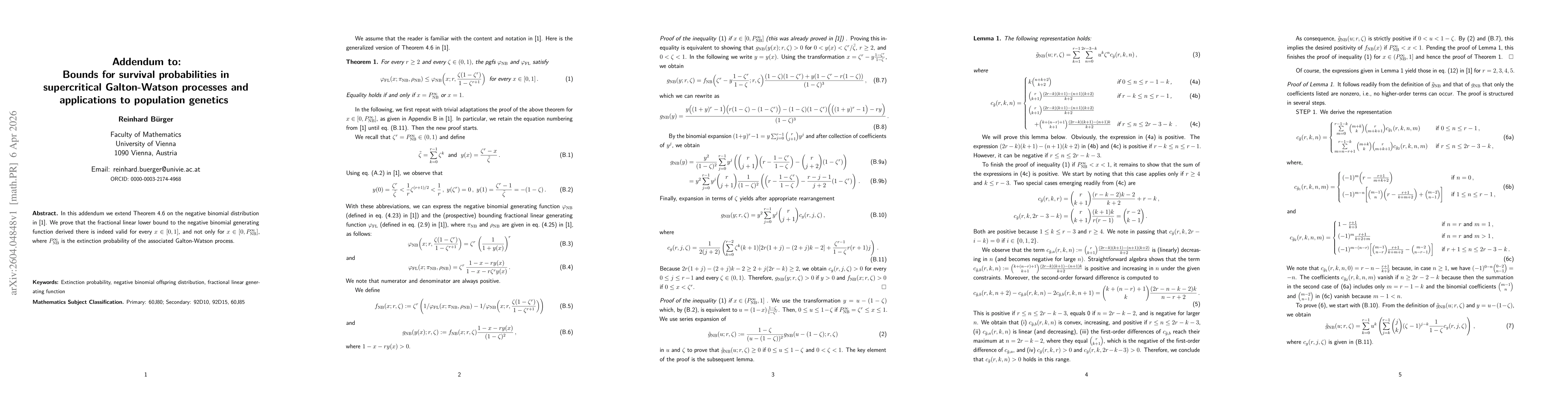 Thumbnail for Addendum to: Bounds for survival probabilities in supercritical Galton-Watson processes and applications to population genetics