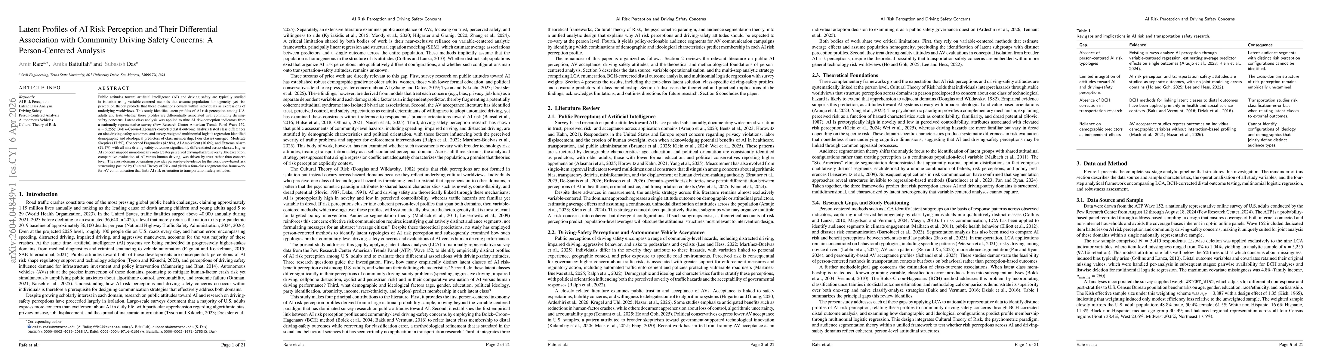 Thumbnail for Latent Profiles of AI Risk Perception and Their Differential Association with Community Driving Safety Concerns: A Person-Centered Analysis
